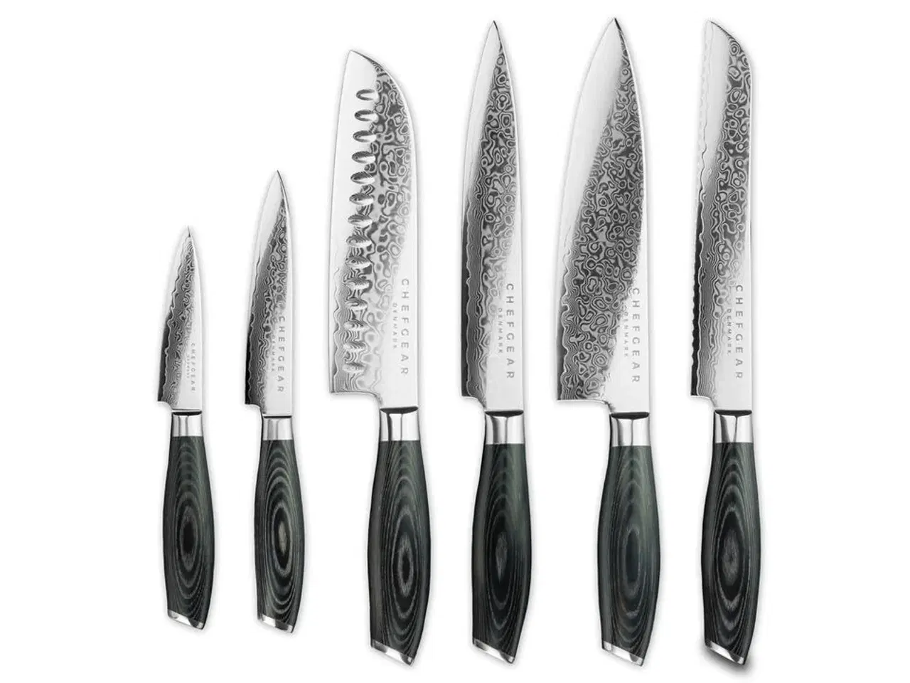 Billede 1 - Stort knivsæt, 6 stk. knive udført i 67 lags Damaskus stål.