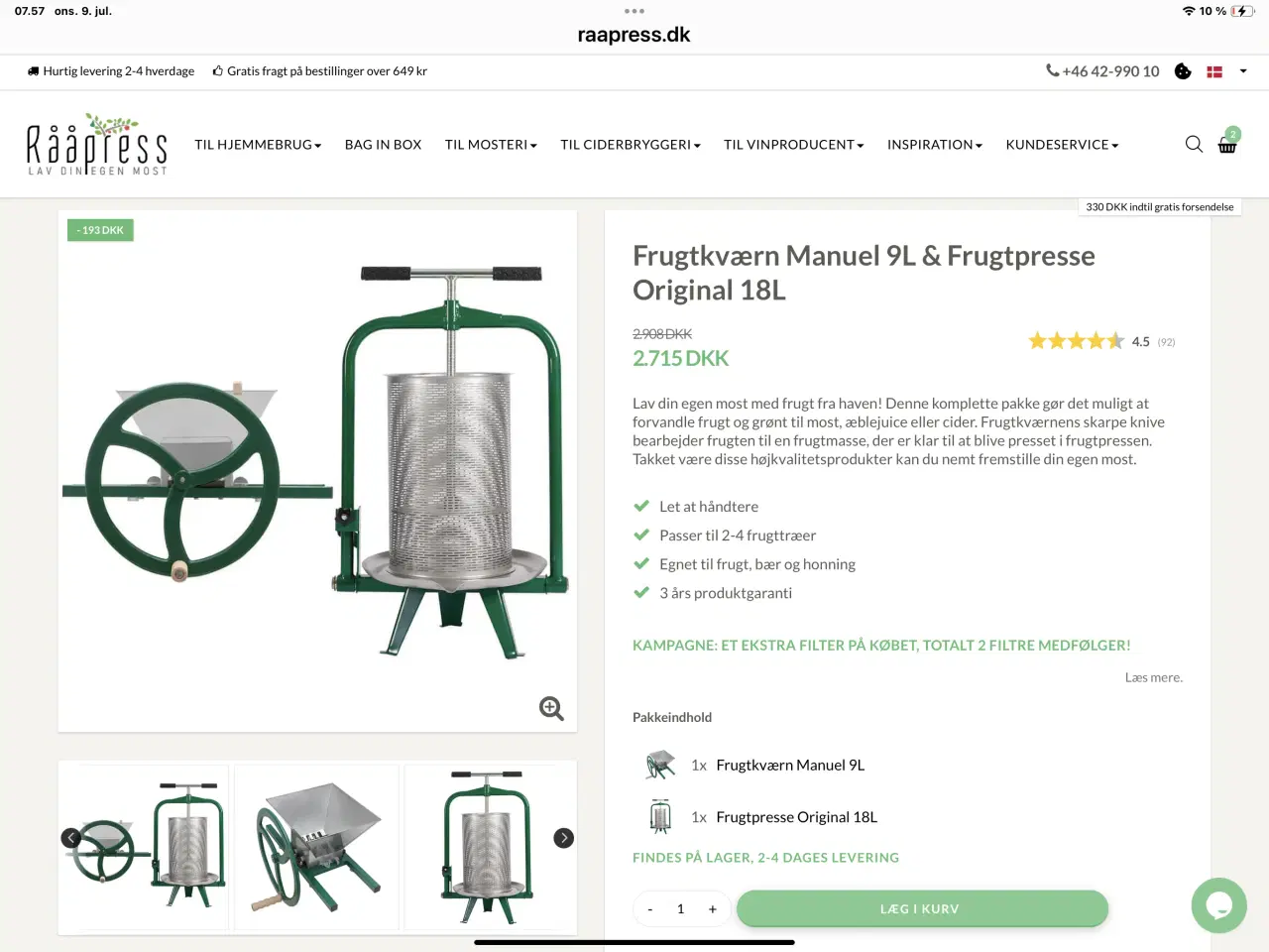 Billede 1 - Frugtkværn Manuel 9L & Frugtpresse Original 18L
