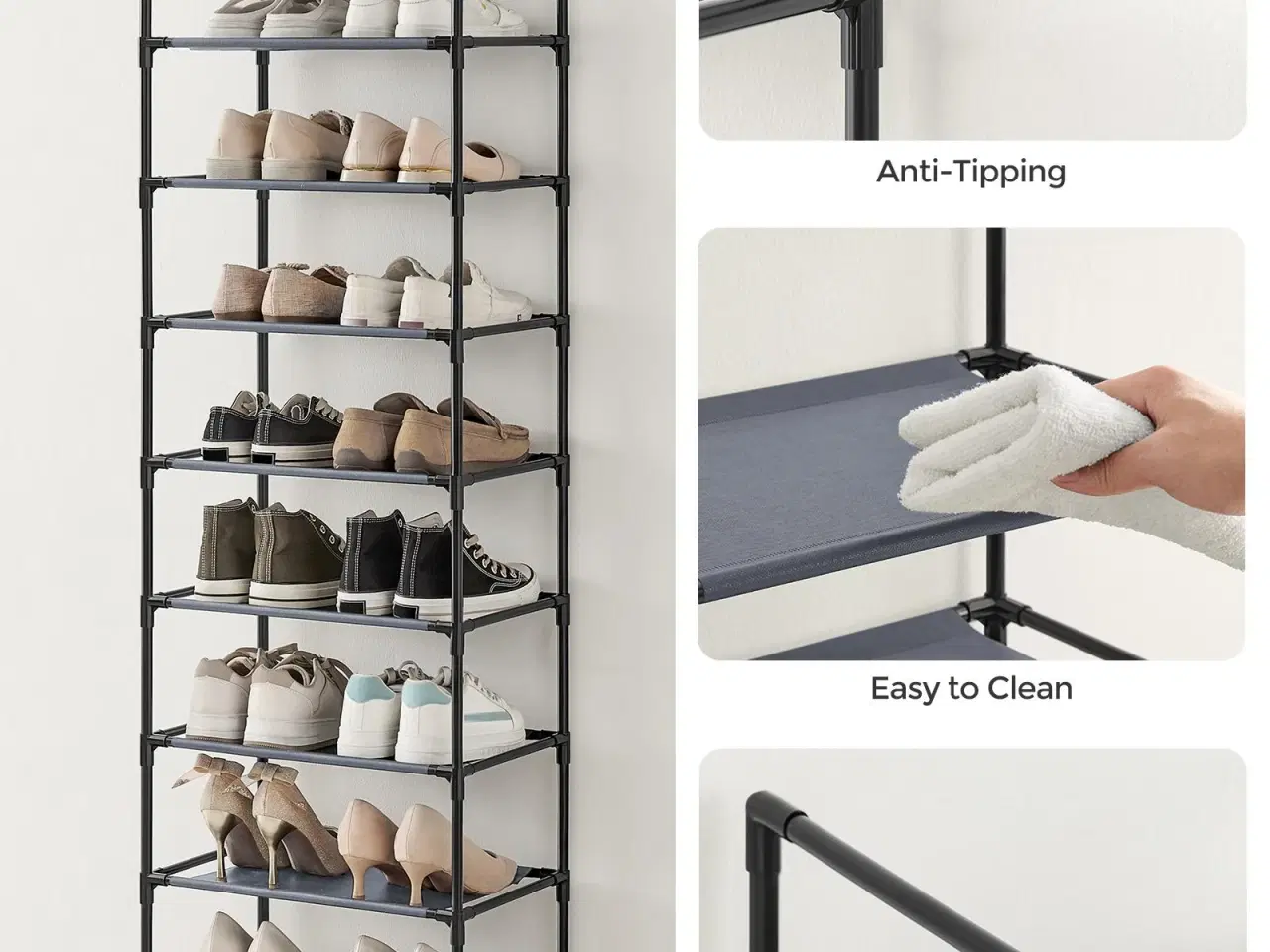 Billede 6 - Skoreol med 10 hylder – pladsbesparende skostativ 45 × 28 × 173 cm, metalstel og non-woven hylder, grå