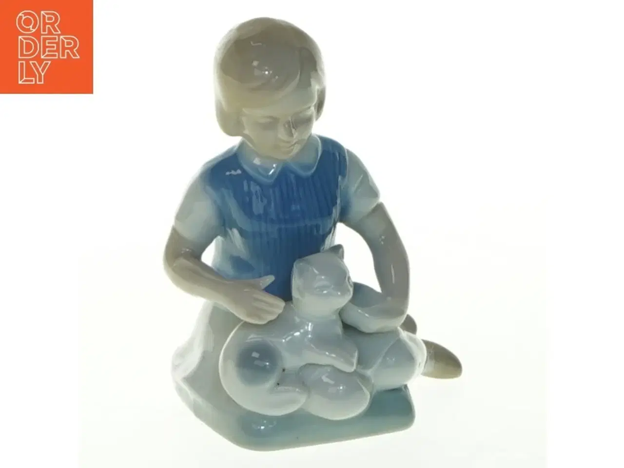 Billede 1 - Porcelænsfigur af pige med kat (str. 9,5x7,5 cm)