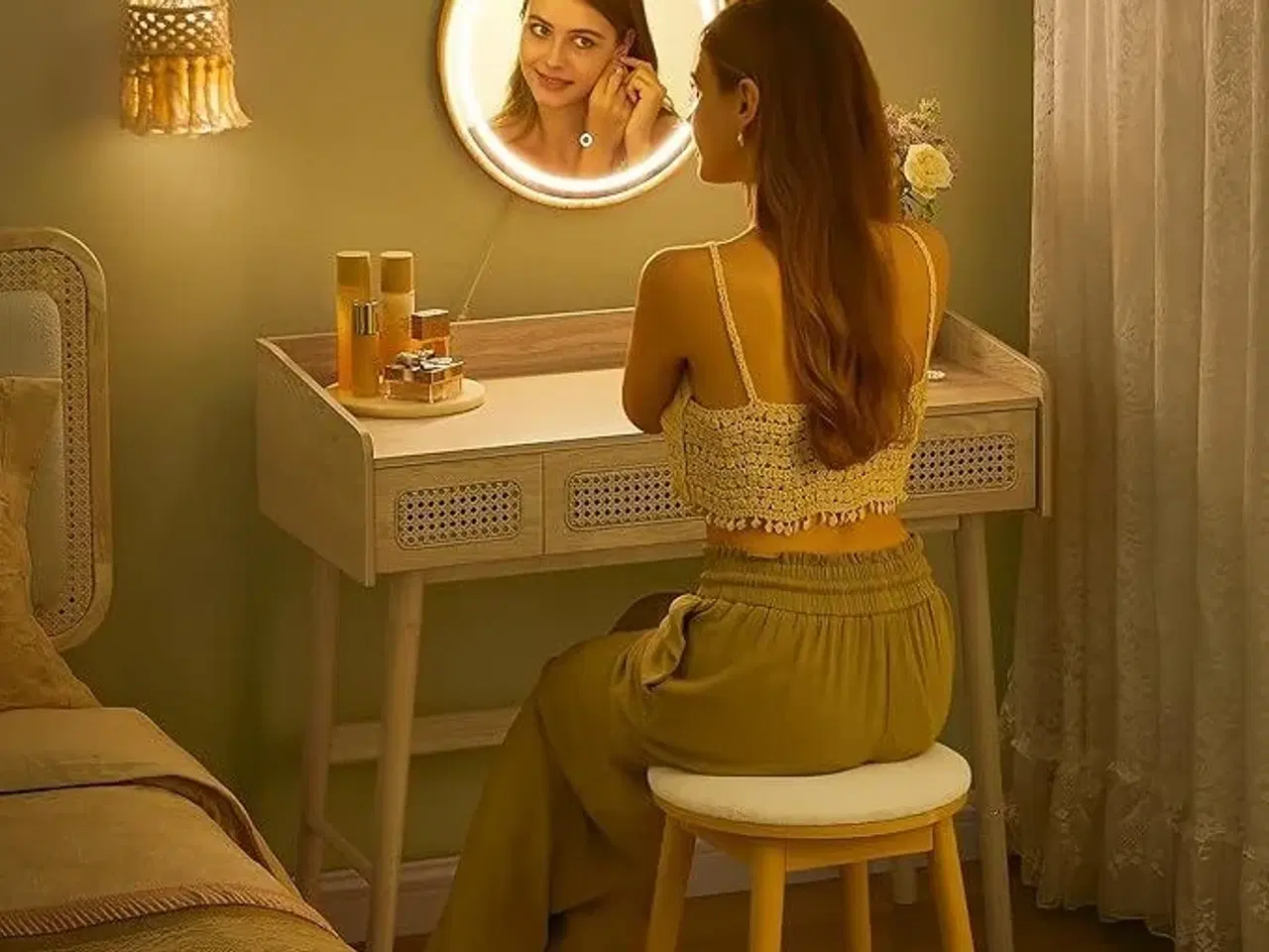 Billede 2 - Toiletbord med spejl og lys HOME BOHOVEN, 3 skuffer, justerbar belysning, boheme, eg beige