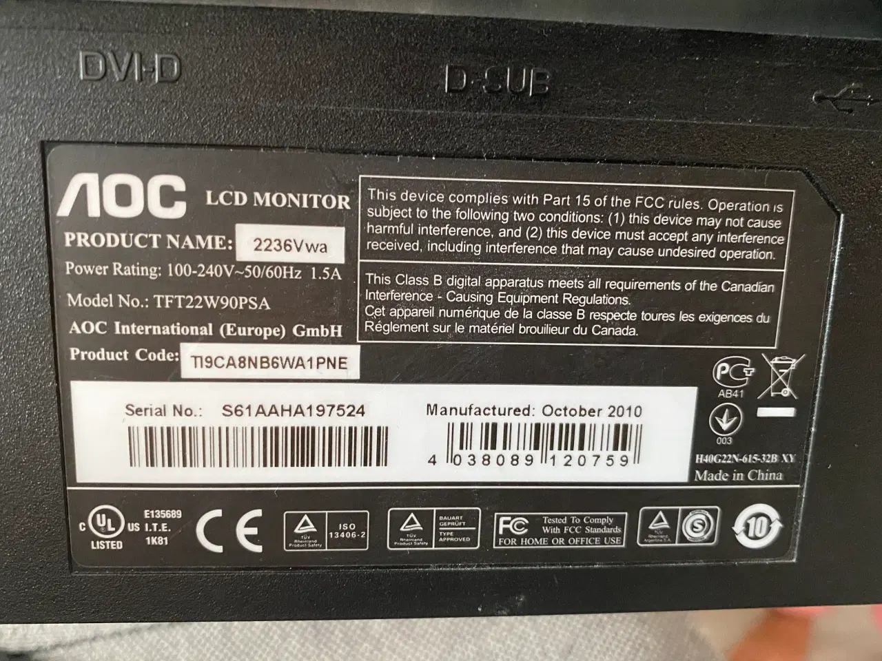 Billede 3 - AOC LCD skærm model 2236Vwa. 