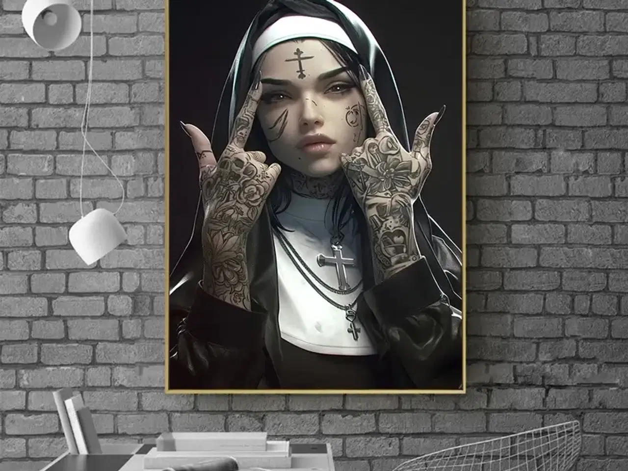 Billede 1 - * Lærredsmaleri; Nonne - med fxck-finger
