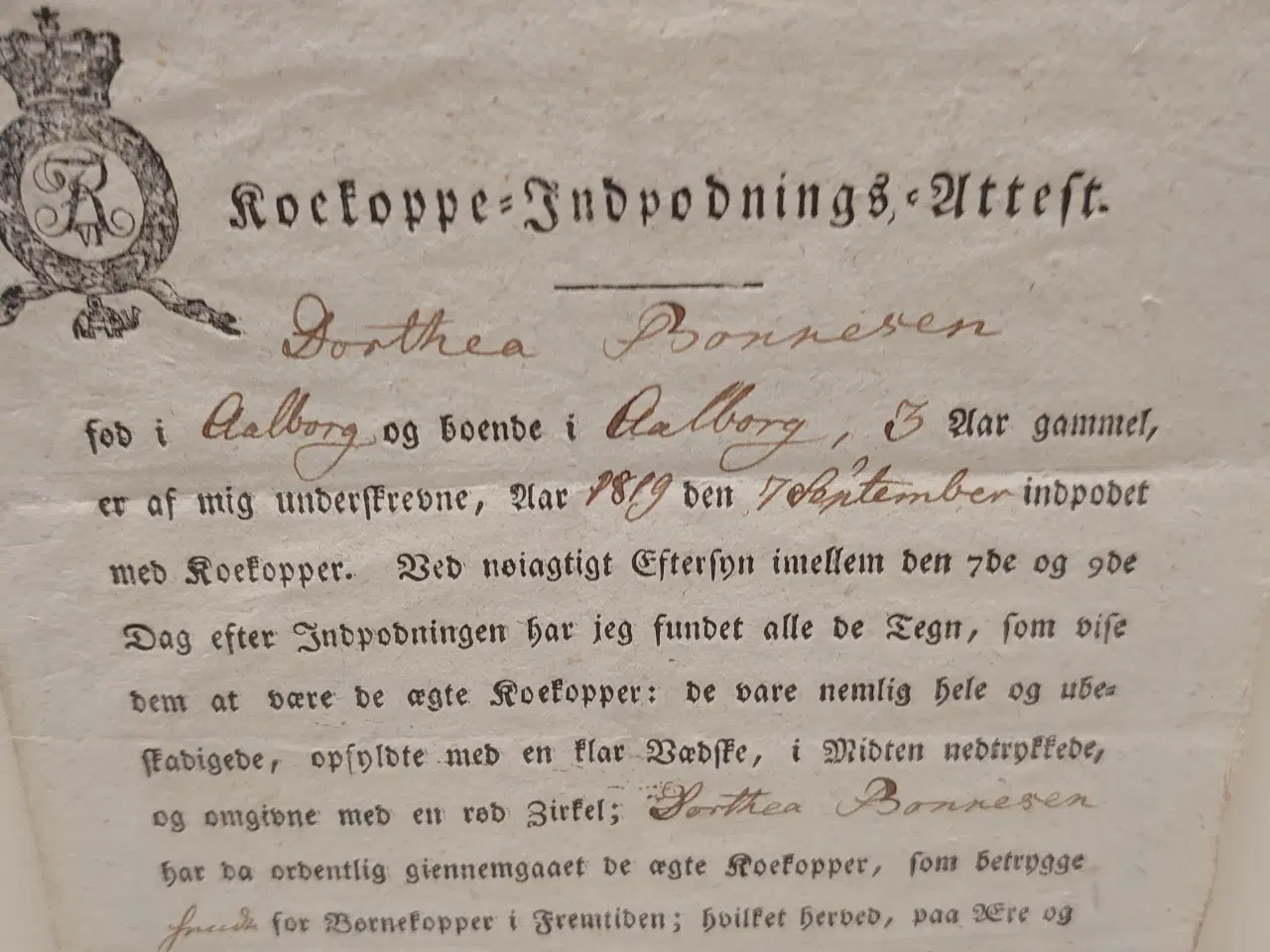 Billede 4 - Indpodningsattest for kokopper fra 1819