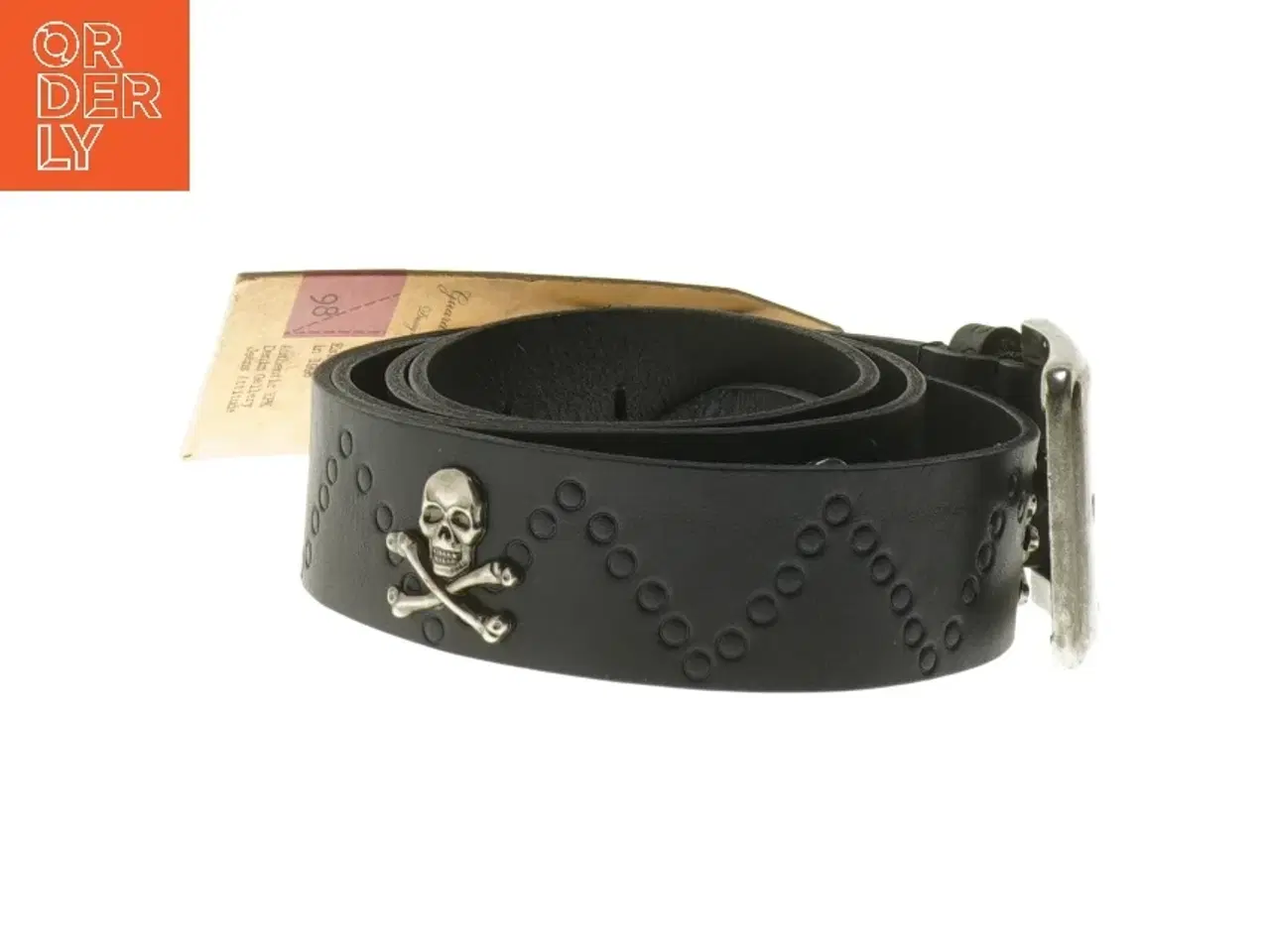 Billede 2 - Sort læderbælte med kors og kranie logo fra Replika (str. 115 cm)