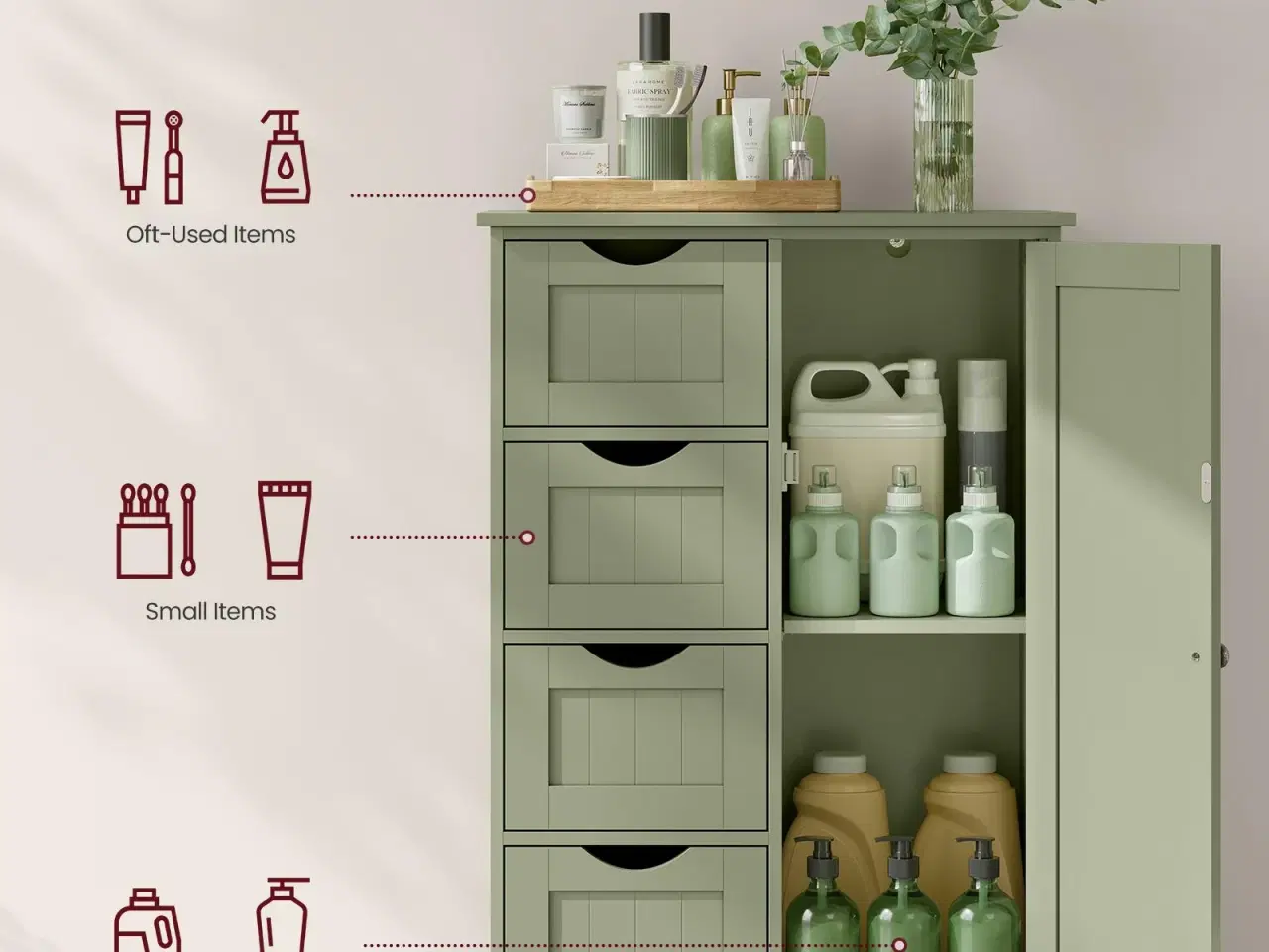 Billede 3 - Badeværelsesskab med 4 skuffer og dør – fritstående opbevaringsskab, justerbar hylde, 30 × 55 × 82 cm, laurbærgrøn