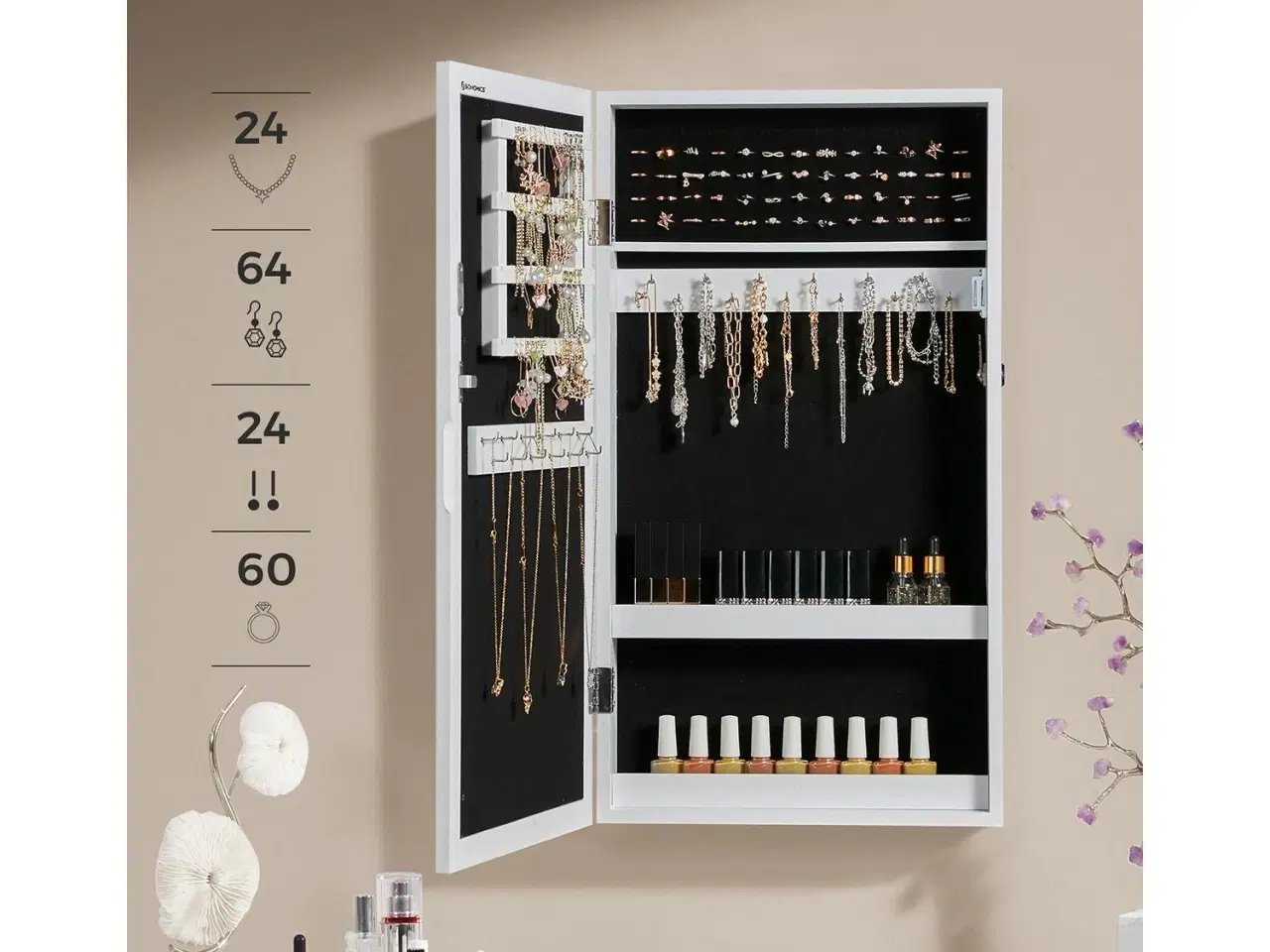 Billede 5 - Smykkeskab med spejl hvid, væghængt og låsbart