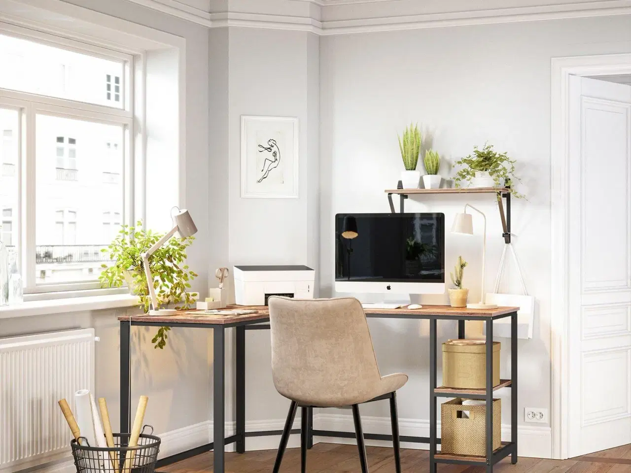 Billede 3 - Skrivebord i L‑form hjørneskrivebord med hylder, industriel rustik brun/sort