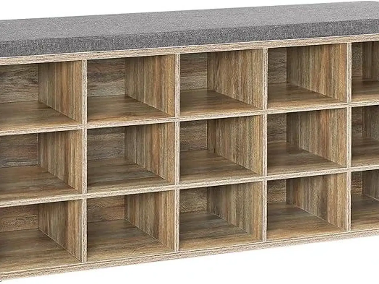 Billede 1 - Skobænk med opbevaring 15 rum, hynde, eg med blå årer/grå, 30 × 105 × 48 cm