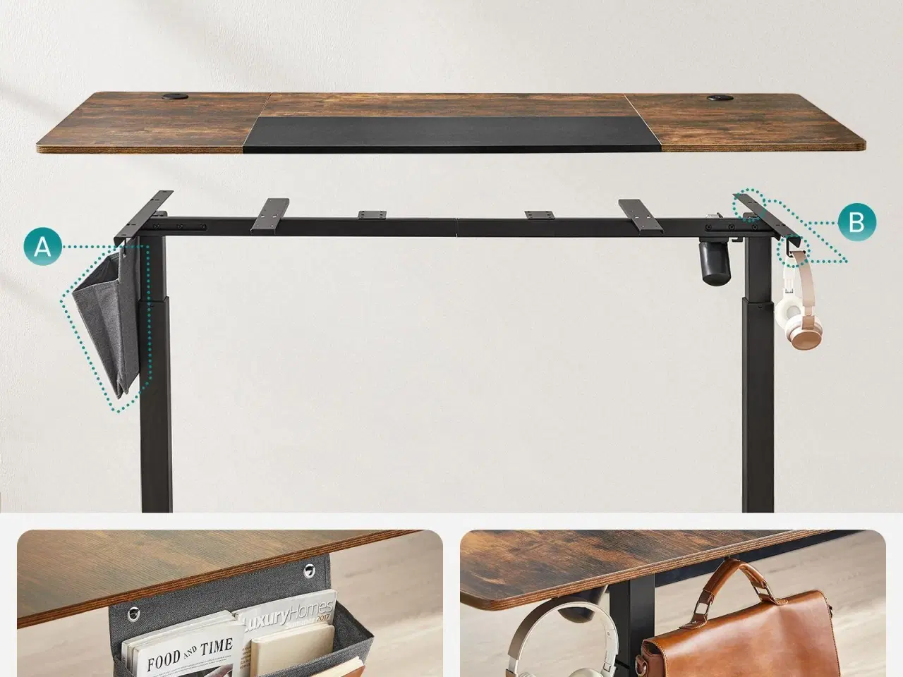 Billede 7 - Hæve-sænke skrivebord SONGMICS, 70 × 160 × 72–120 cm, delt bordplade, hukommelsesfunktion, vintage brun/sort