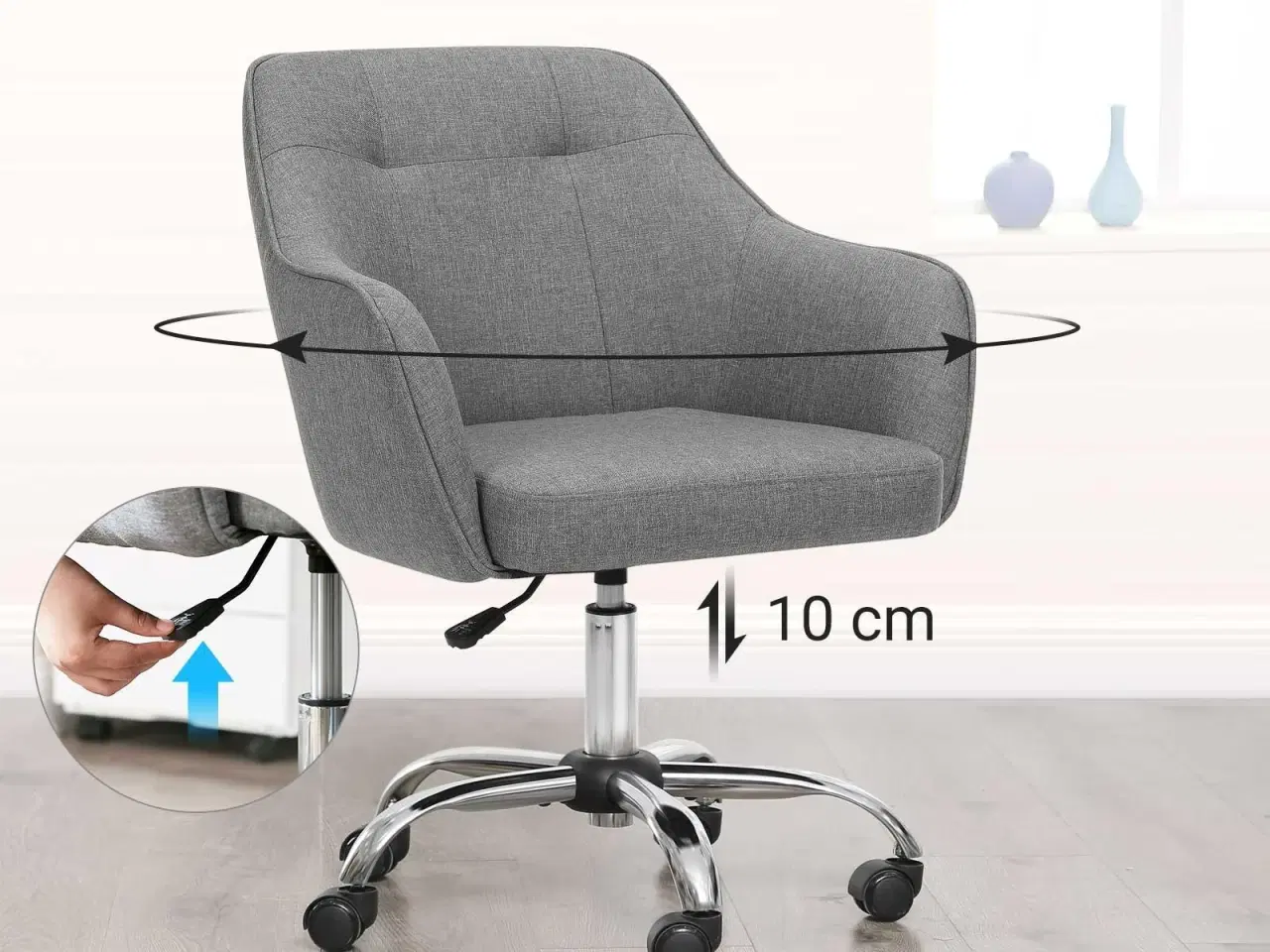 Billede 7 - Kontorstol i imiteret hør – højdejusterbar drejestol med armlæn, grå