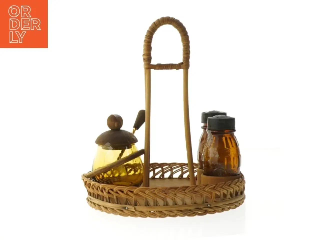 Billede 1 - Vintage Plat de Menage Teaktræ & Flet Serveringssæt (str. Ø. 18 cm. længde. 24 cm)