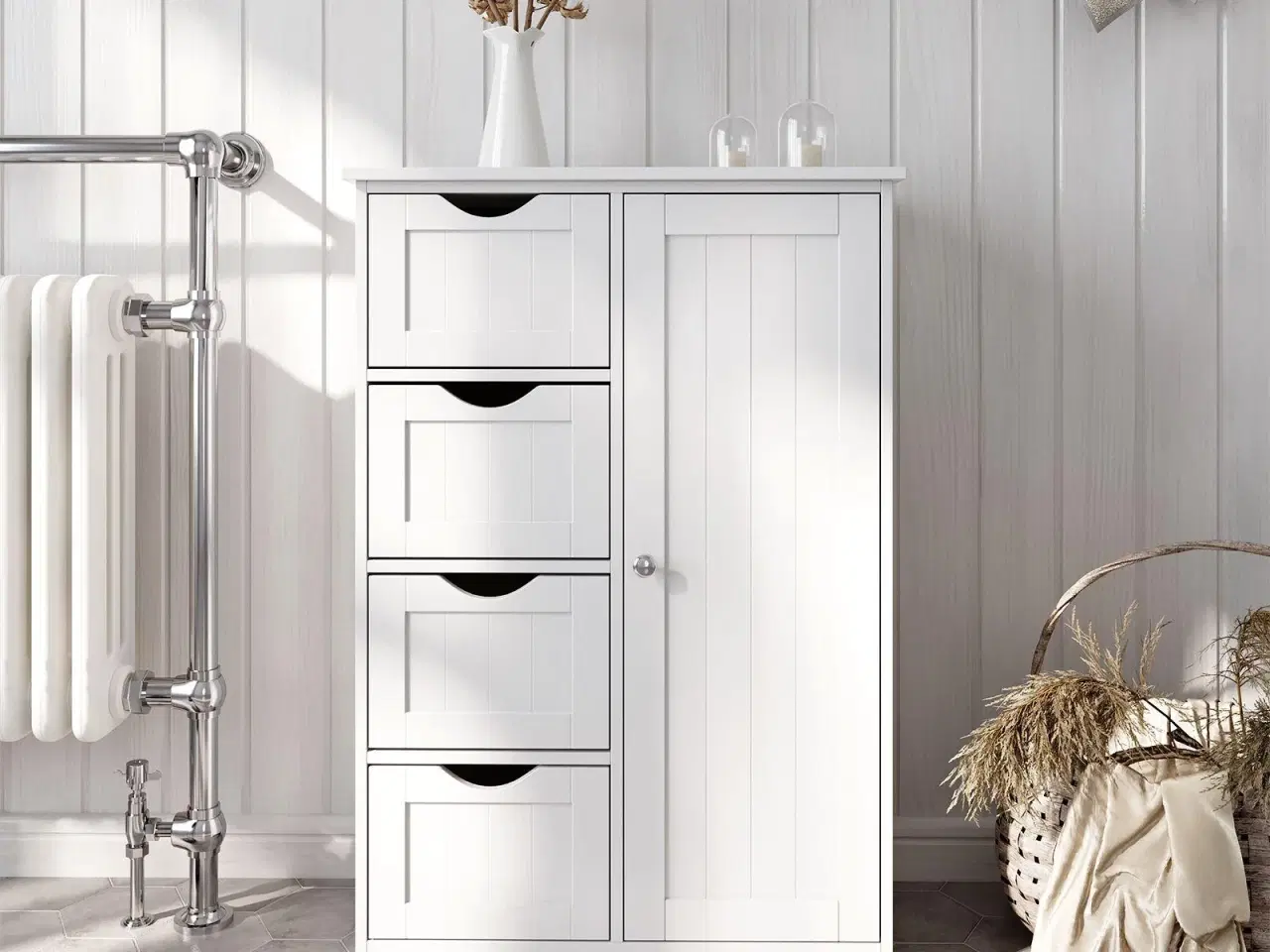 Billede 5 - Opbevaringsskab til badeværelse – VASAGLE, hvid, 4 skuffer, enkeltlåge og justerbar hylde (LHC41W)