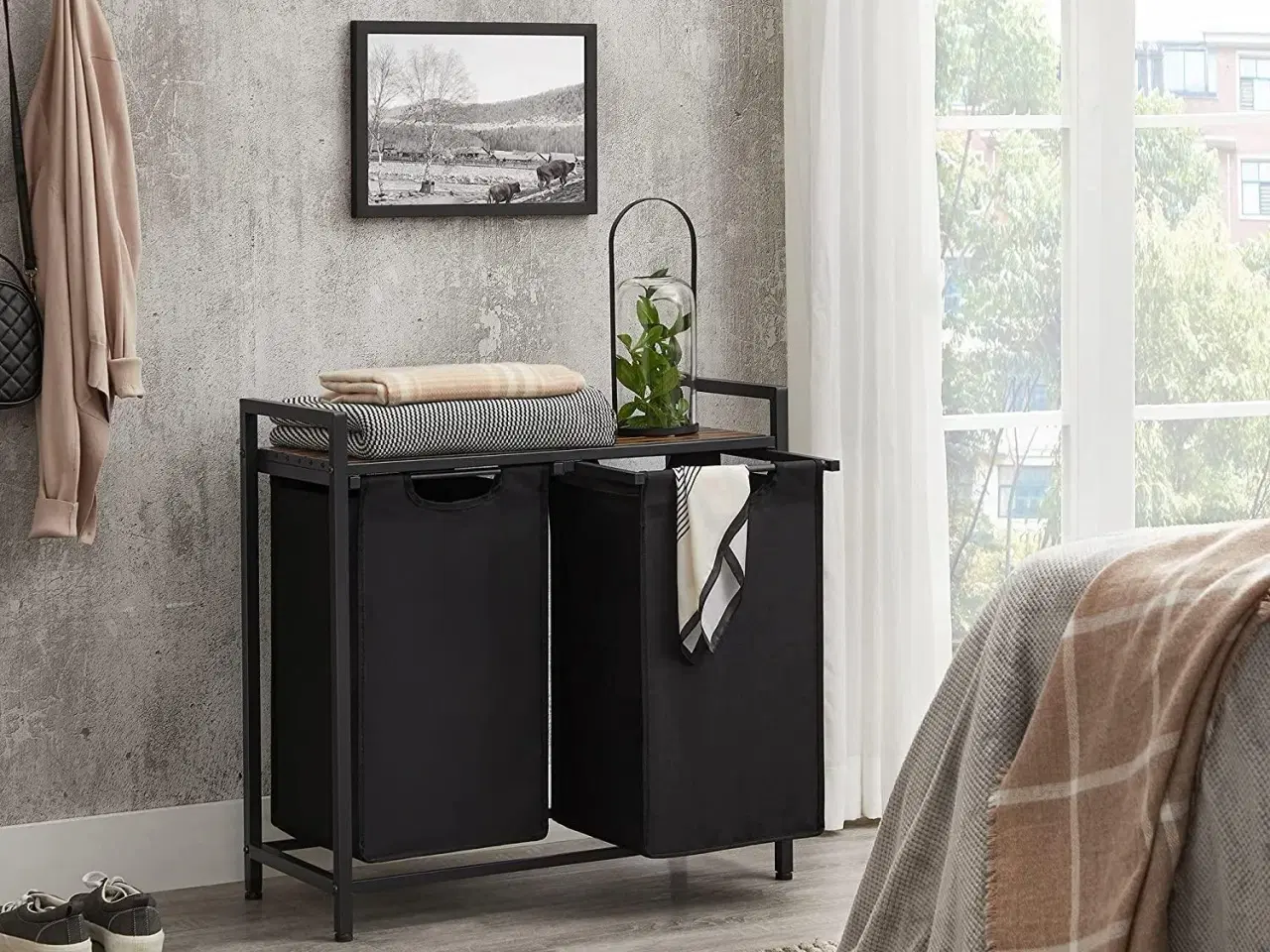 Billede 3 - Vasketøjskurv med 2 rum – VASAGLE, 2 x 46 l, 73 × 33 × 72 cm, rustik brun/sort