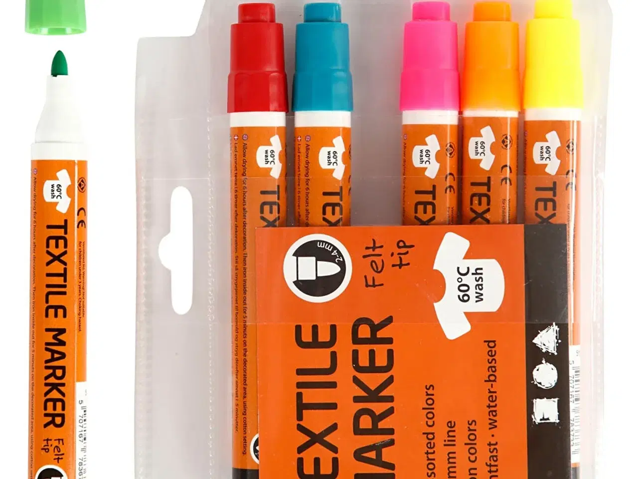 Billede 1 - Neon Tekstiltuscher 6 stk. - 2-4 mm, Vaskbare