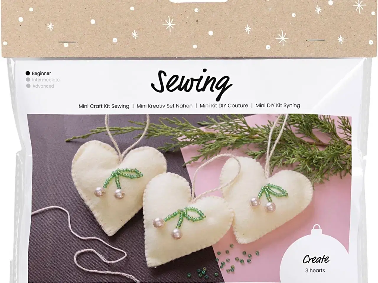 Billede 1 - Mini DIY Kit Syning, Hjerter, off white, 1 pk.