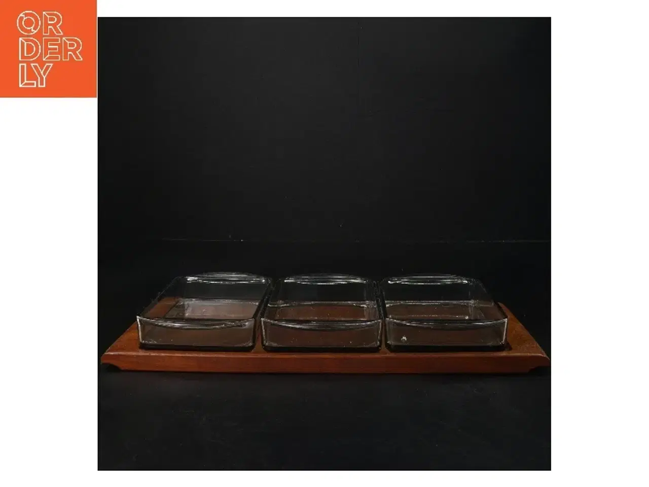 Billede 1 - Cabaret Teak Serveringsbakke med tre glas beholdere (str. 34x14 cm)