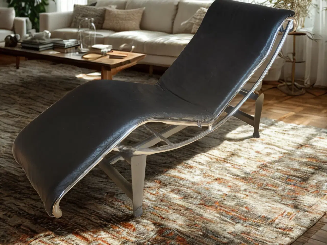 Billede 1 - Chaise Longue – Sort Læder & Stålramme