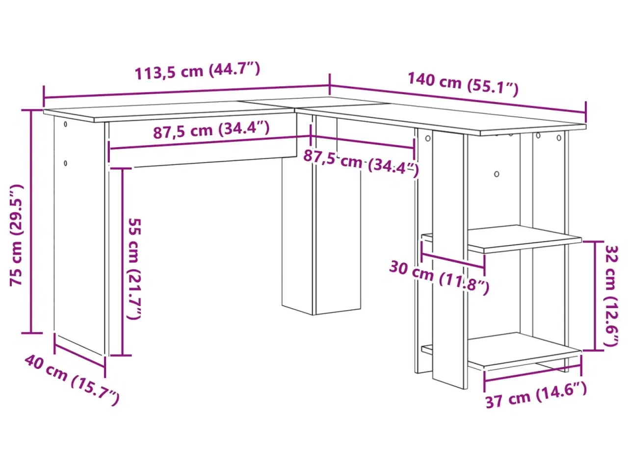 Billede 6 - Hjørneskrivebord med opbevaring Hvid 140 x 113,5 x 75 cm