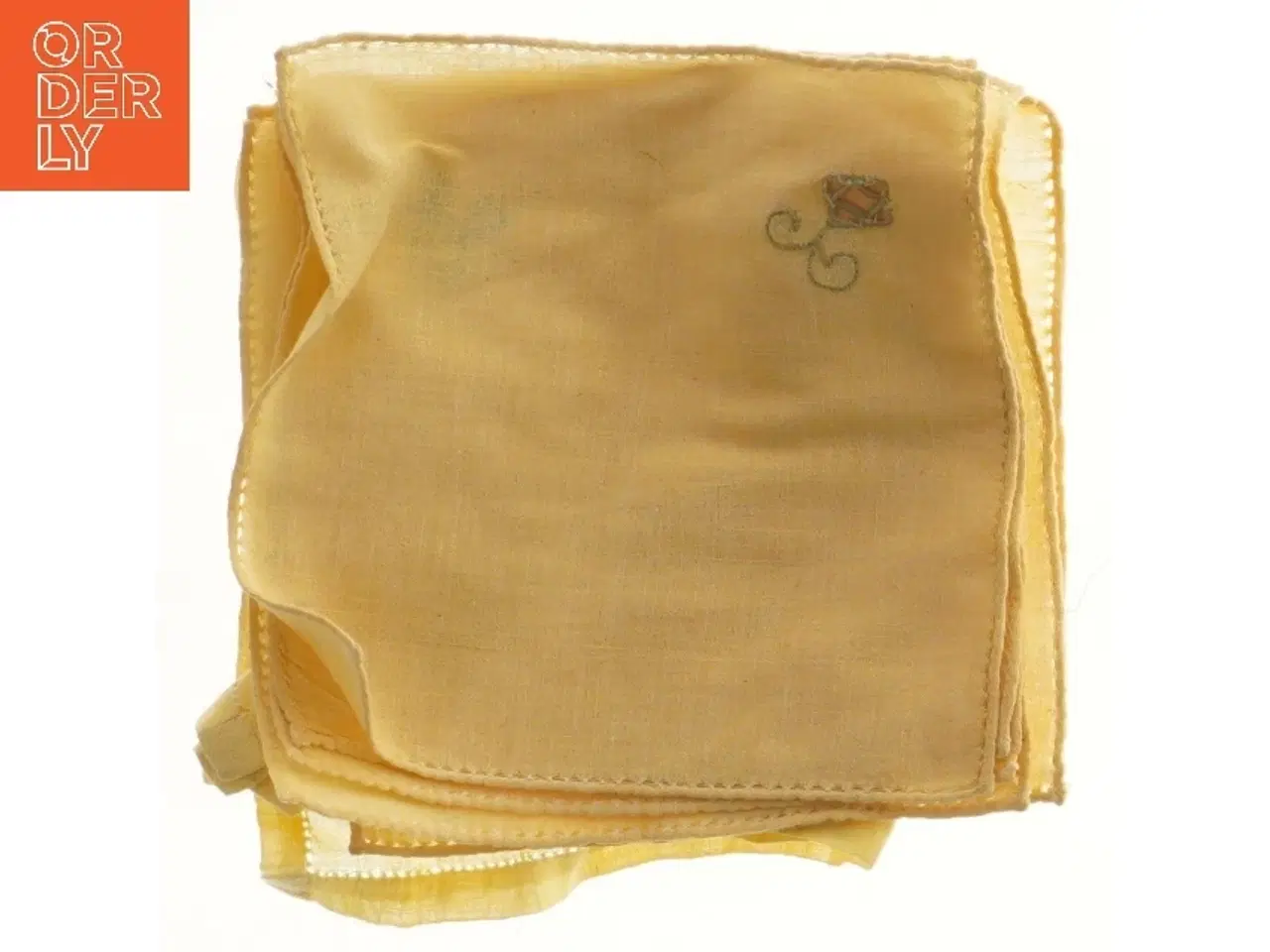 Billede 1 - Gule stofservietter med broderi (str. 6 styk, 18x18 og 40x37 cm)