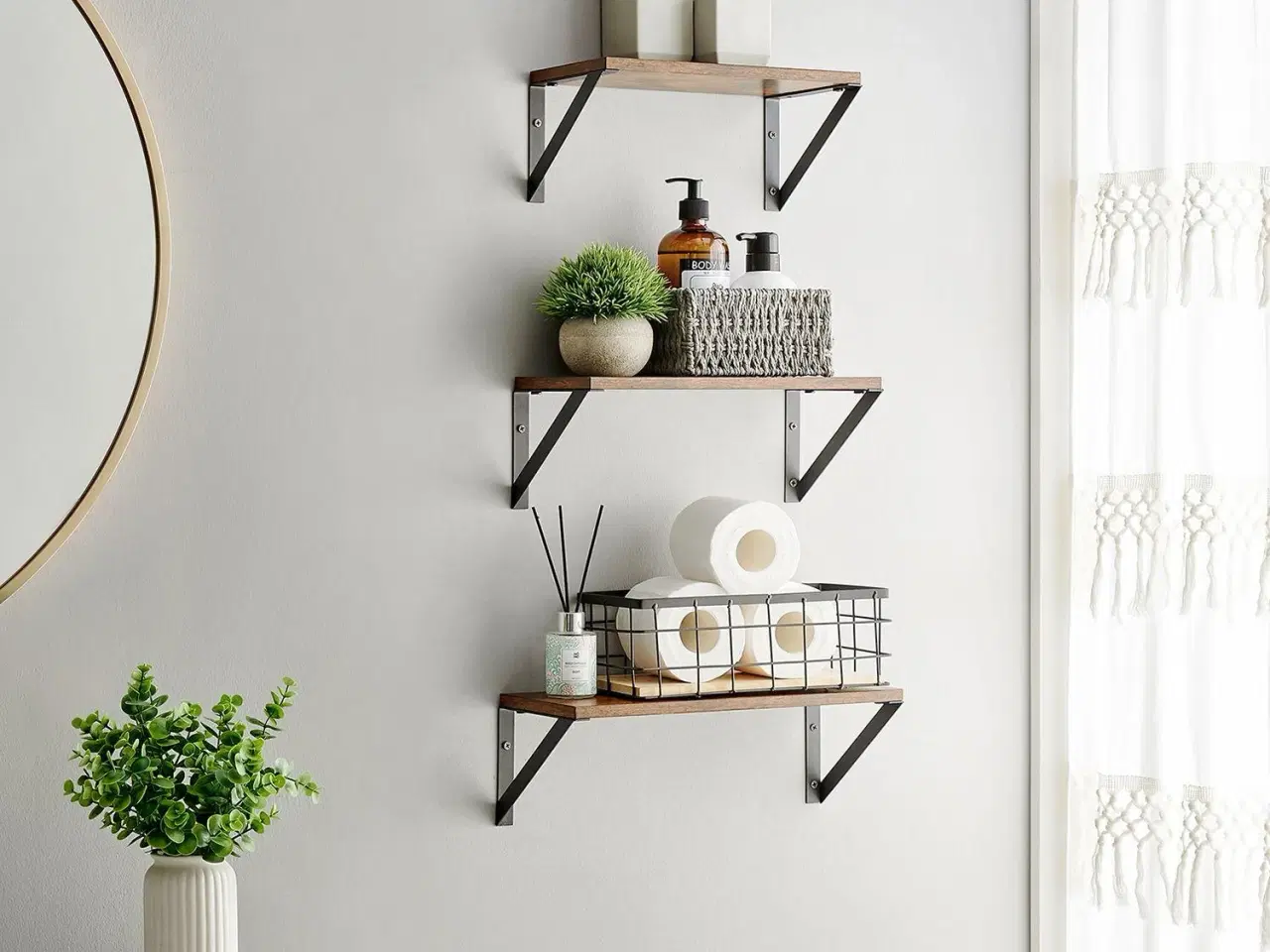 Billede 3 - Væghylder sæt med 3 flydende hylder, rustik brun/sort