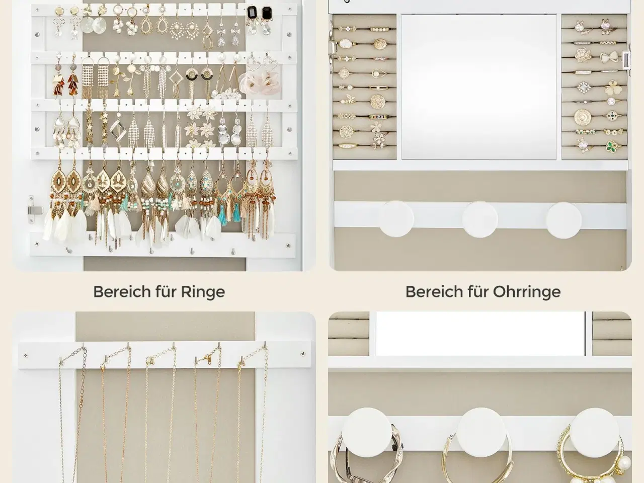 Billede 7 - Smykkespejl med opbevaring væg-/dørmonteret, låsbart, bredt spejl med afrundede hjørner og indvendigt LED-spejl, 10 × 42 × 108 cm, hvid/greige