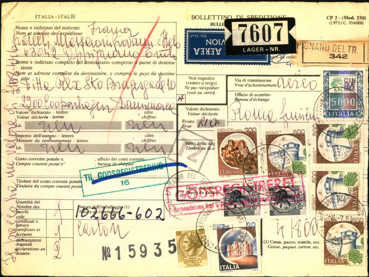 Billede 1 - Luftpost - Internationalt Adressekort for luftpakke fra Italien til Danmark - 8 - 7 - 81