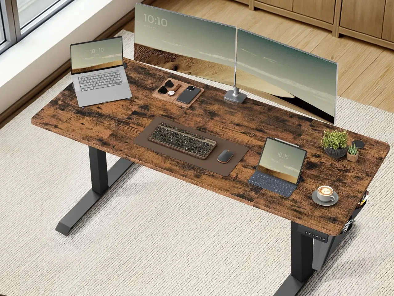 Billede 2 - Elektrisk hæve-sænkebord 160,1 × 70,1 cm – 4 memory-højder, hjemmekontor, rustik brun