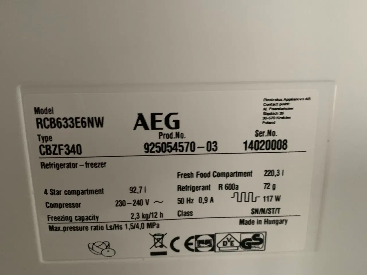 Billede 4 - Brugt Køleskab/Fryser AEG