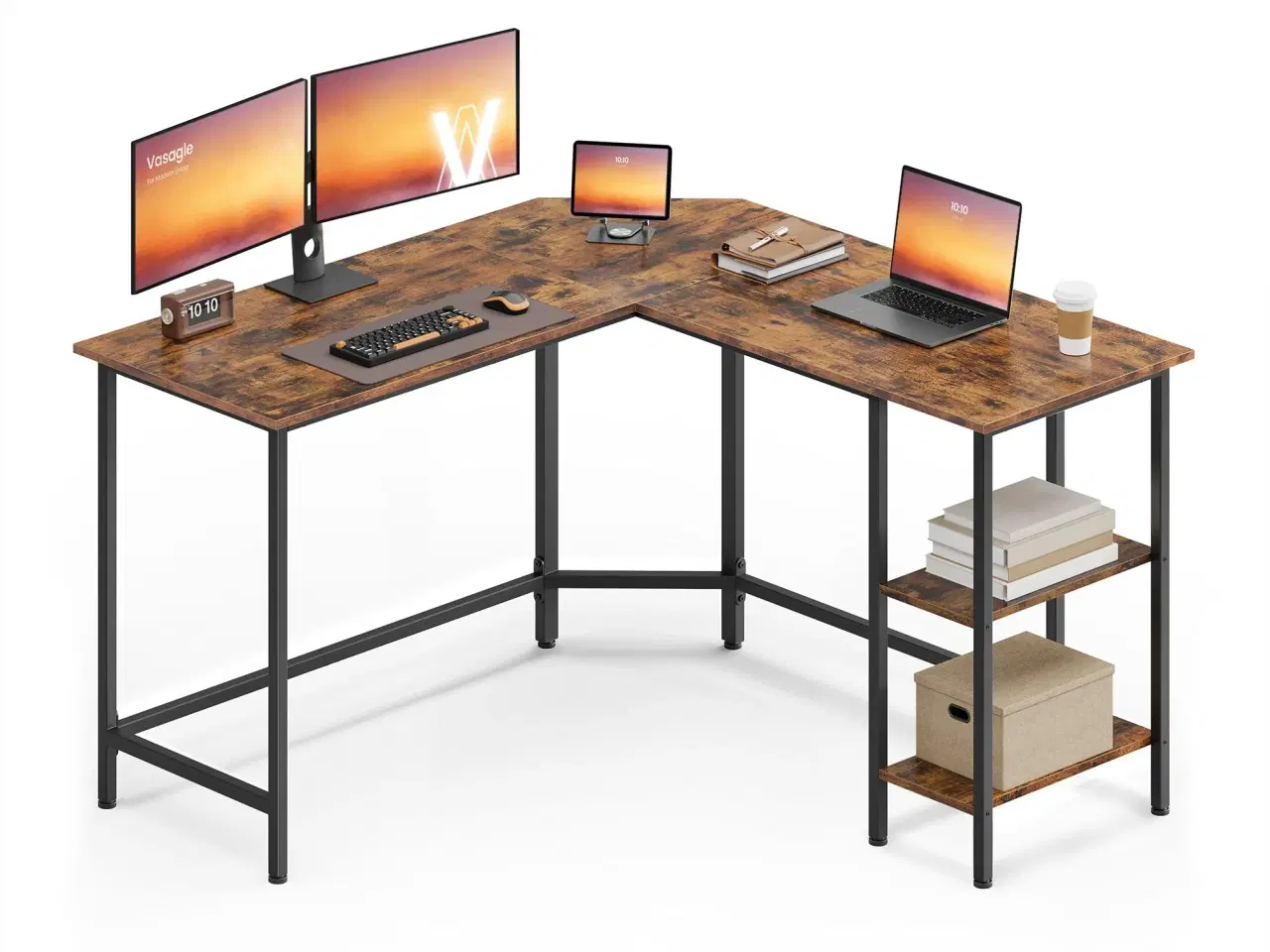 Billede 1 - L-formet hjørneskrivebord 130 × 130 × 76 cm med 2 hylder – rustik brun/sort