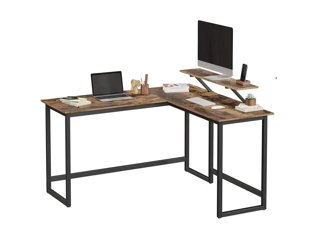 Billede 2 - Skrivebord i L-form VASAGLE med skærmhylde, pladsbesparende, justerbare fødder, metalstel, rustik brun, 140 × 130 × 76/91,5 cm