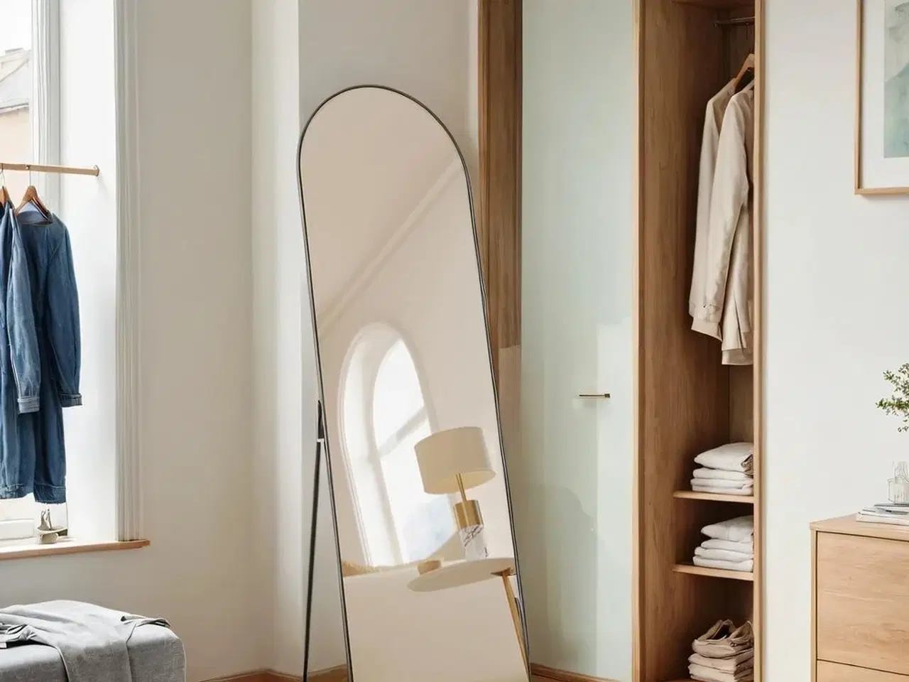 Billede 9 - Gulvspejl fuld længde 160 × 50 cm buet spejl med stander, hærdet glas, aluminiumsramme, Ink Black