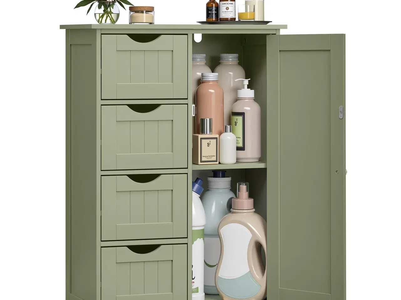 Billede 1 - Badeværelsesskab med 4 skuffer og dør – fritstående opbevaringsskab, justerbar hylde, 30 × 55 × 82 cm, laurbærgrøn