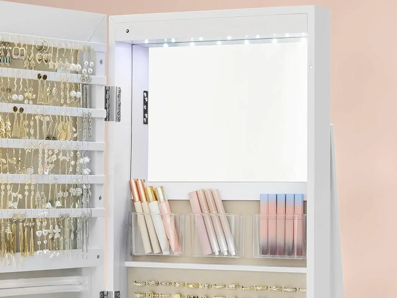 Billede 3 - Spejl-smykkeskab med 6 LED, låsbart – fritstående 360° drejefunktion, rammeløst helkropsspejl, 3 opbevaringshylder – hvid/greige