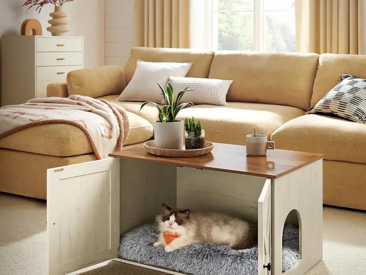 Billede 3 - Kattebakke skab – FEANDREA skjult kattebakke-møbel med aftagelig skillevæg, indendørs kattehus/sidebord, 80 × 53 × 50 cm, honningbrun & rustik hvid