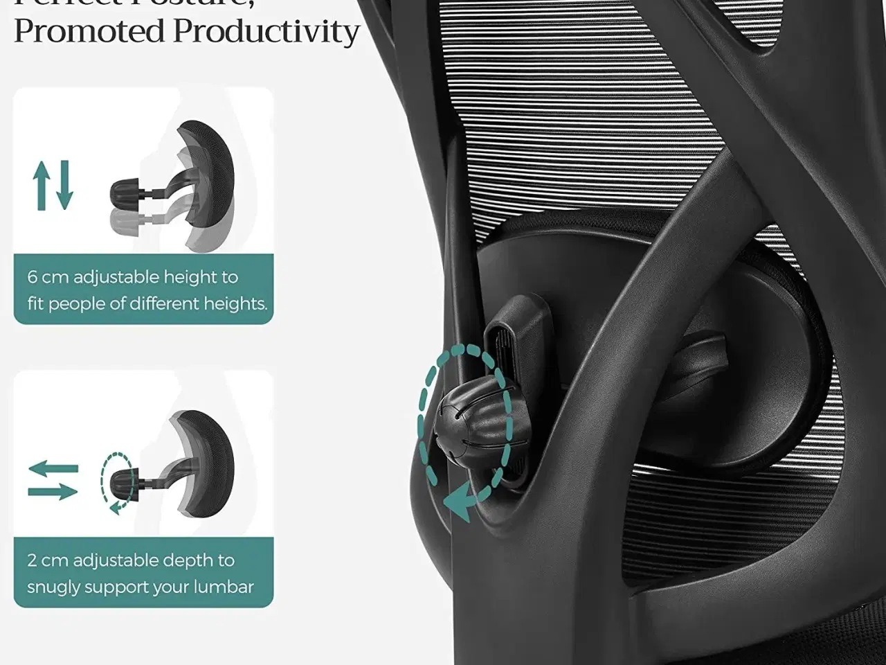 Billede 3 - Kontorstol med net ergonomisk skrivebordsstol, justerbar lændestøtte og nakkestøtte, 150 kg, højdejusterbar, sort (OBN063B01)