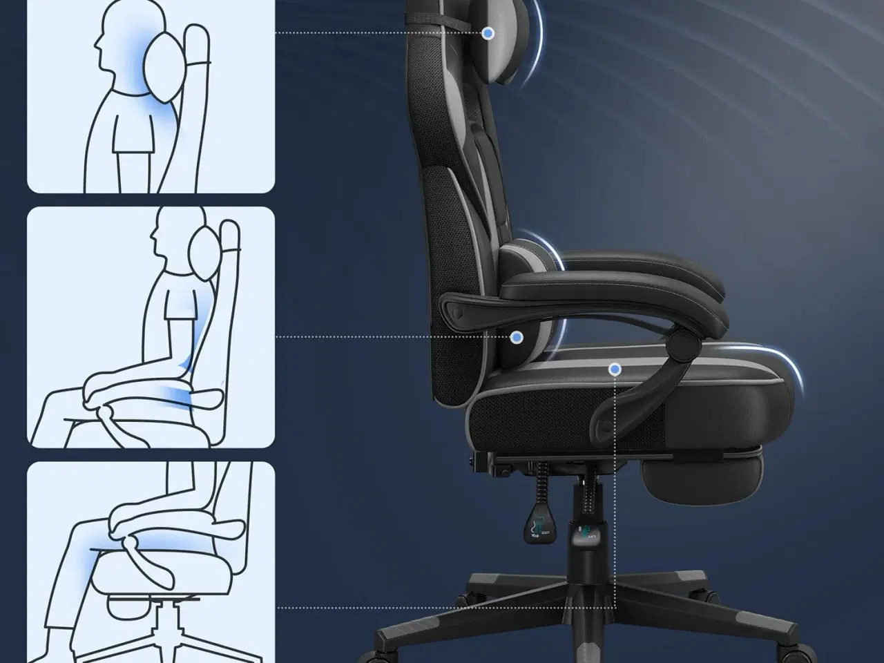 Billede 5 - Kontorstol gaming med fodstøtte ergonomisk, sort/grå