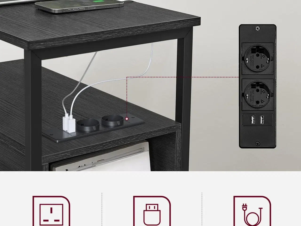 Billede 2 - Sengebord med stikdåse 2 skuffer, smalt sidebord/sofabord, antracitgrå/klassisk sort