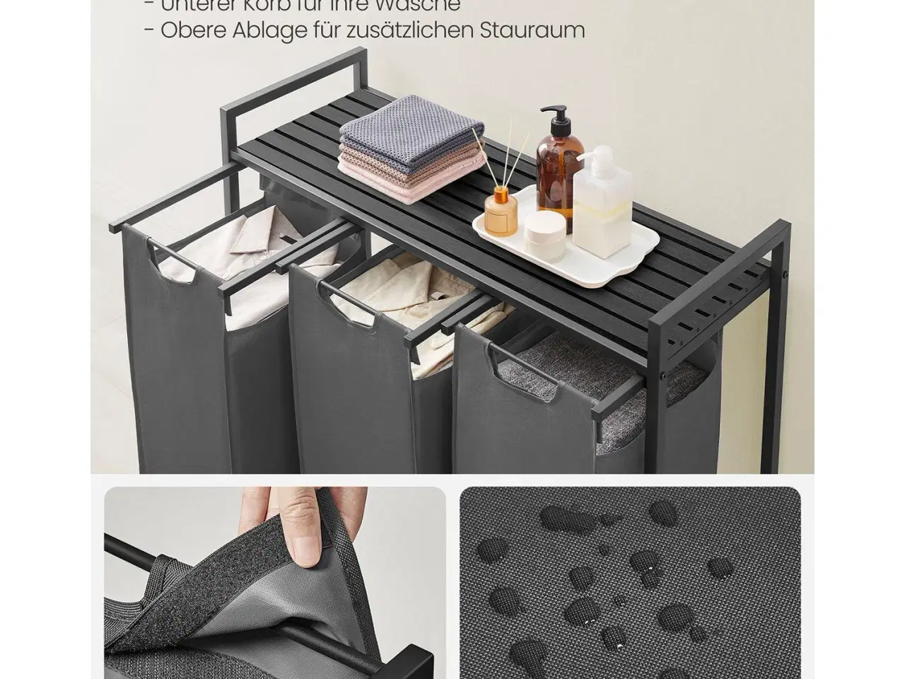 Billede 4 - Vasketøjskurv med 3 rum udtrækkelige poser, hylde, metalstel, 3 x 38 l, 92,5 × 33 × 72 cm, sort/grå