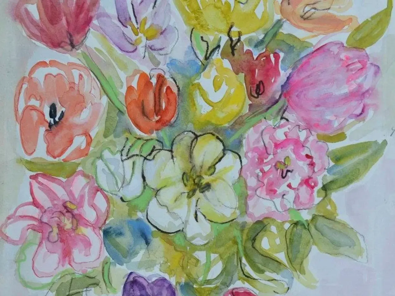 Billede 1 - Print af akvarel af blomsterbuket