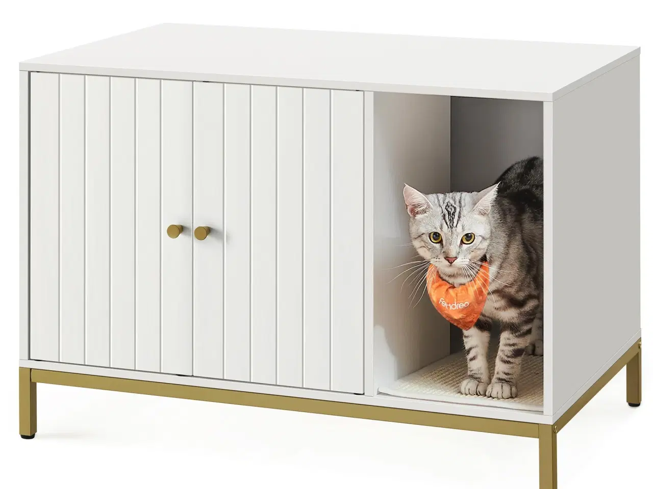 Billede 3 - Kattebakke skab – FEANDREA skjult kattemøbel med kradsemåtte, høje ben, sidebord, 80 × 50 × 55 cm, hvid/guld