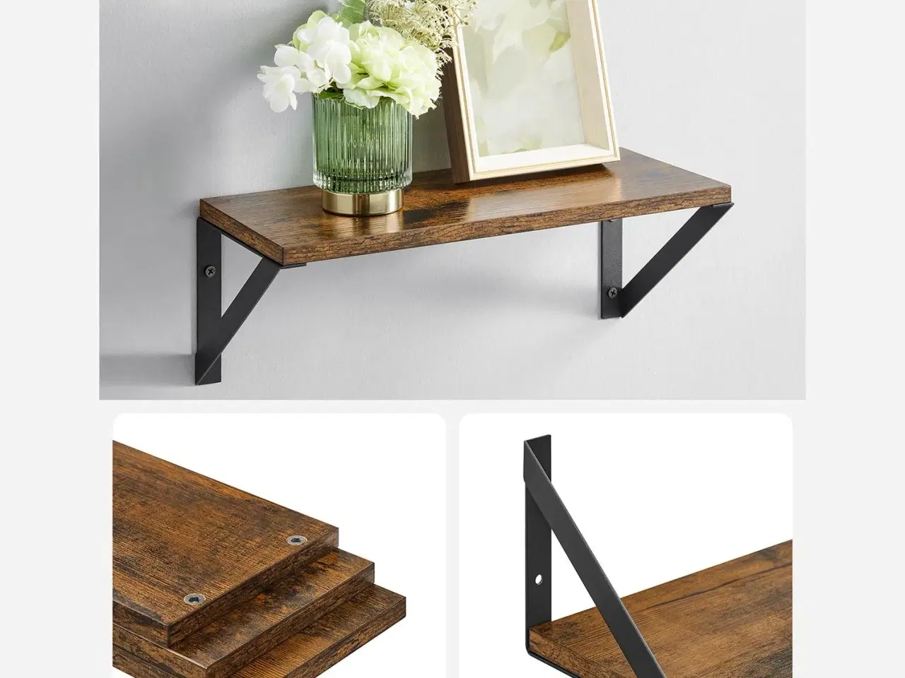 Billede 5 - Væghylder sæt med 3 flydende hylder, rustik brun/sort