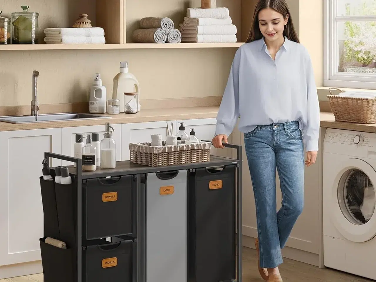 Billede 2 - Vasketøjskurv med 4 rum 150 l sorter, rullevogn med hylder, aftagelige poser, 6 mærker, kastanjebrun/sort/duvegrå