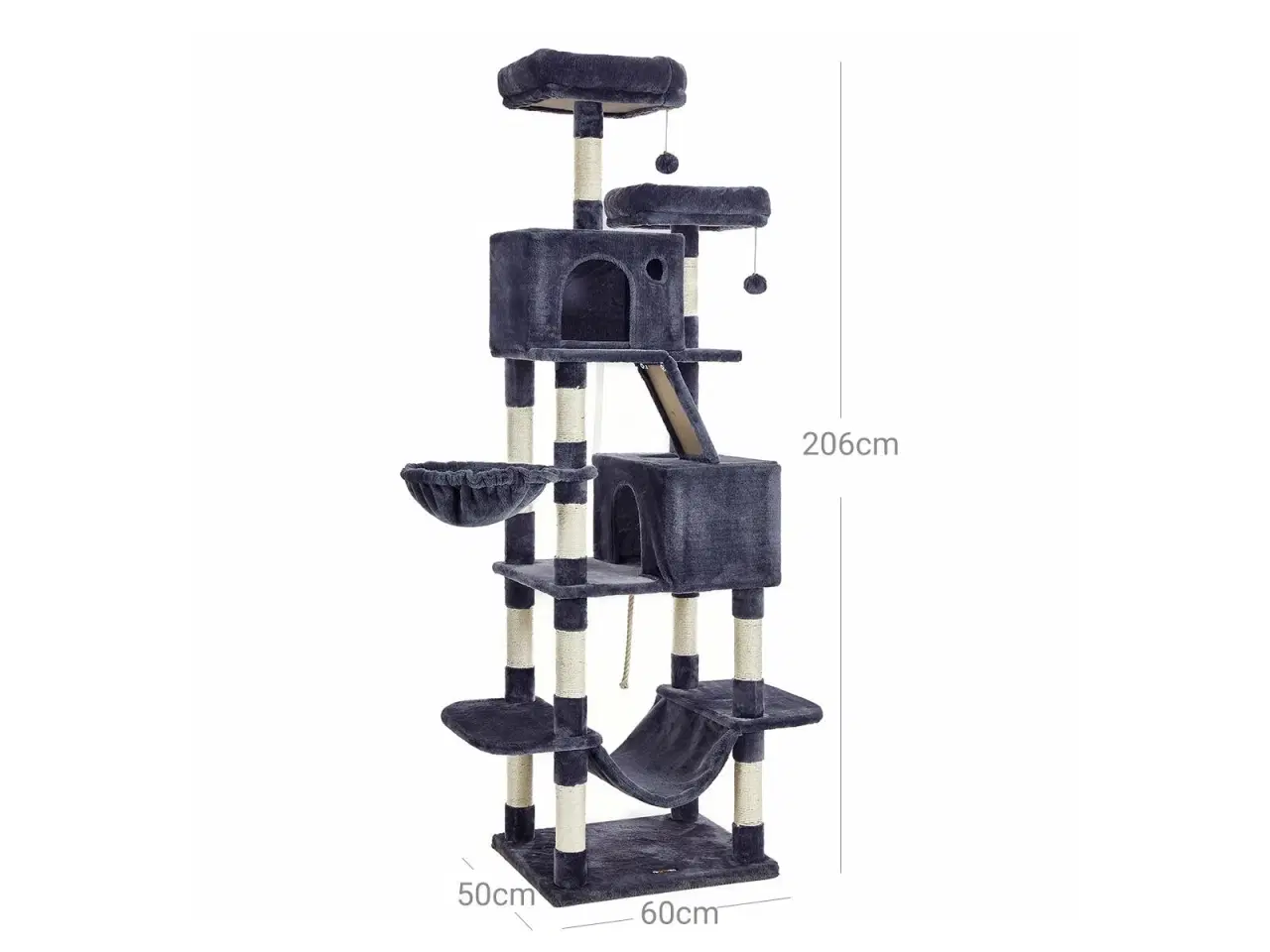 Billede 7 - Klatretræ til kat – FEANDREA 206 cm, stort kattetræ med 13 kradsepæle, rampe, 2 udsigtsplatforme, 2 huler, kurv og hængekøje – røggrå