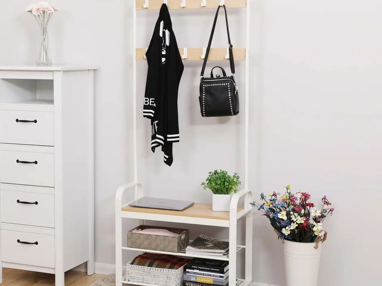 Billede 3 - Tøjstativ med bænk og skohylder 4-i-1, 72 × 33,7 × 183 cm, eg/creme, 9 aftagelige kroge og bøjlestang