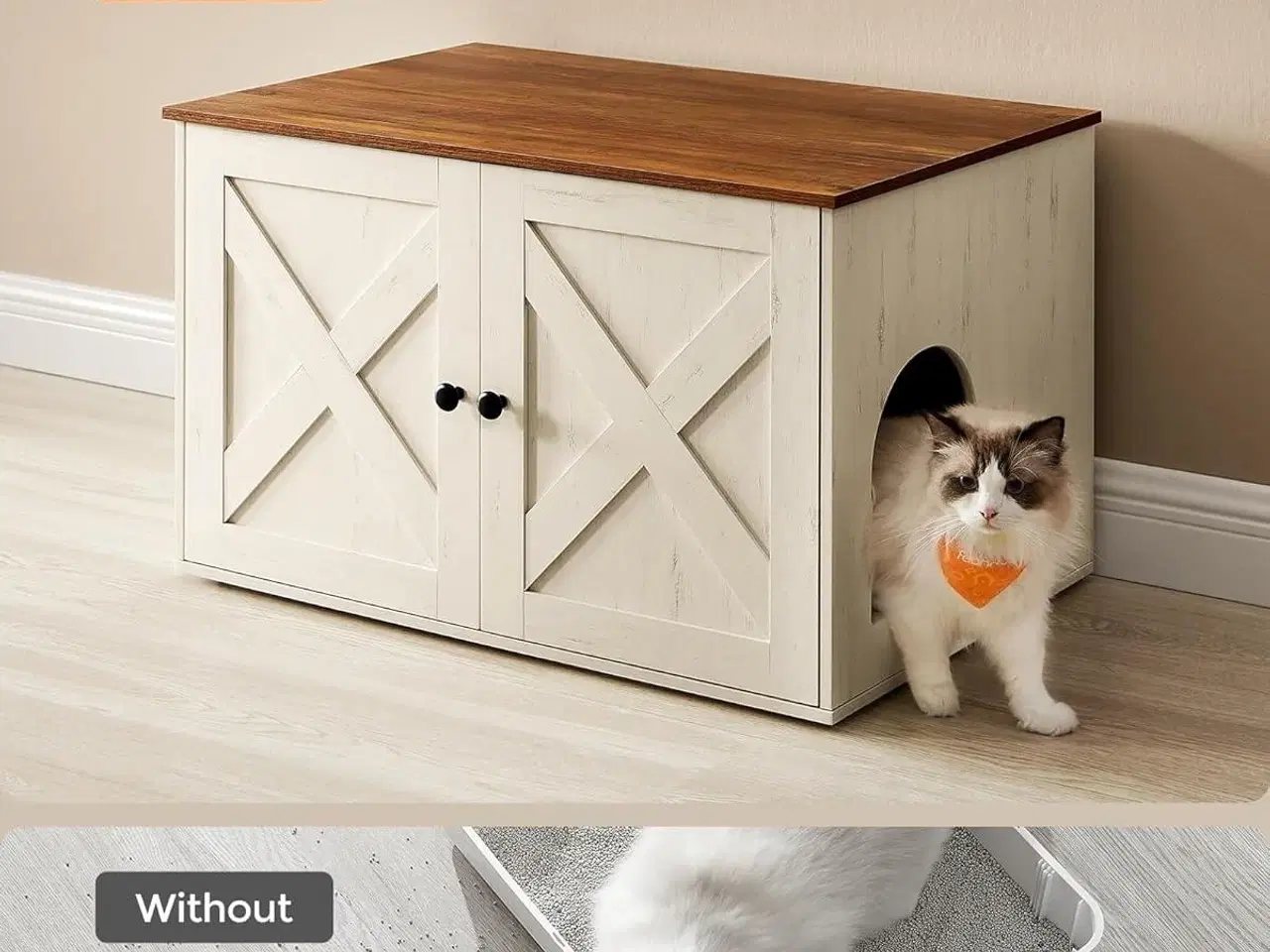 Billede 5 - Kattebakke skab – FEANDREA skjult kattebakke-møbel med aftagelig skillevæg, indendørs kattehus/sidebord, 80 × 53 × 50 cm, honningbrun & rustik hvid