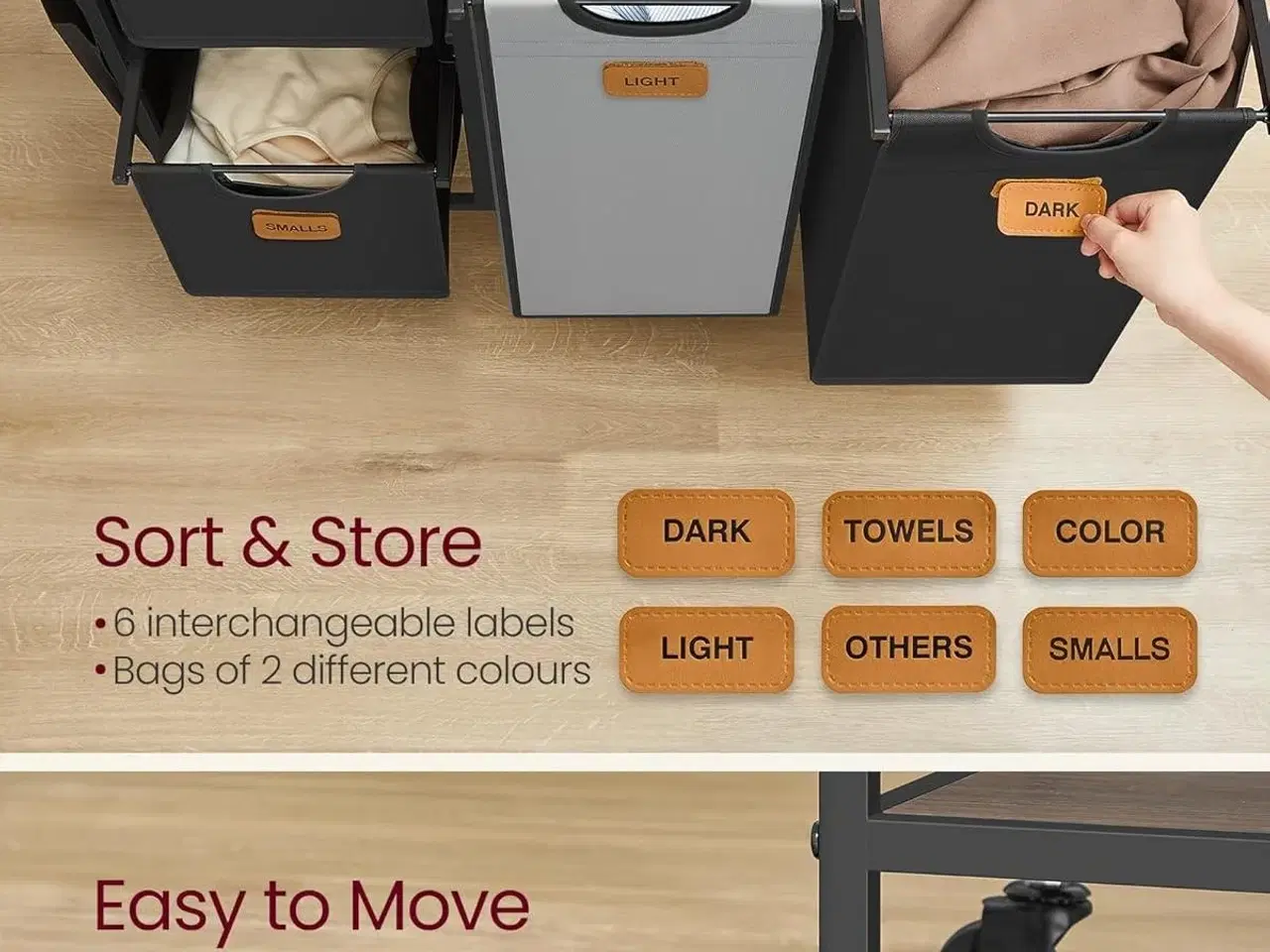 Billede 3 - Vasketøjskurv med 4 rum 150 l sorter, rullevogn med hylder, aftagelige poser, 6 mærker, kastanjebrun/sort/duvegrå