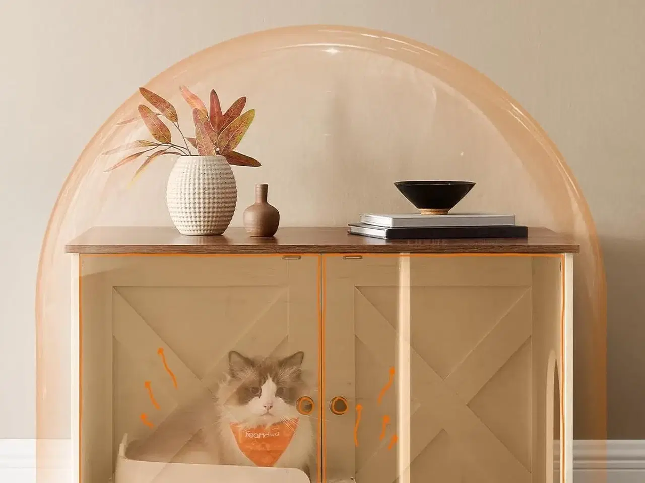 Billede 4 - Kattebakke skab – FEANDREA skjult kattebakke-møbel med aftagelig skillevæg, indendørs kattehus/sidebord, 80 × 53 × 50 cm, honningbrun & rustik hvid