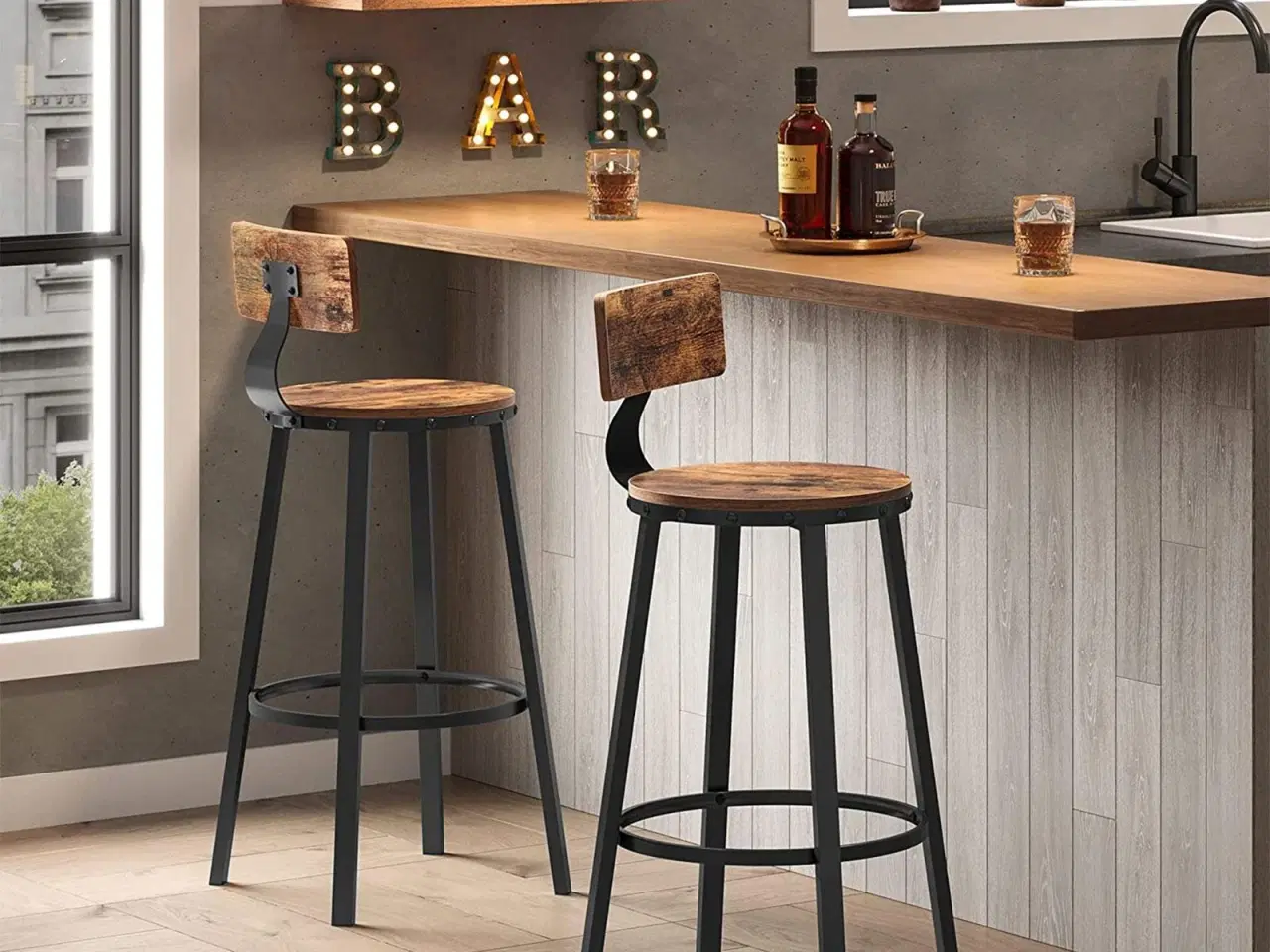 Billede 3 - Barstole sæt á 2 med ryglæn, 73 cm, industrielt design, rustik brun/sort