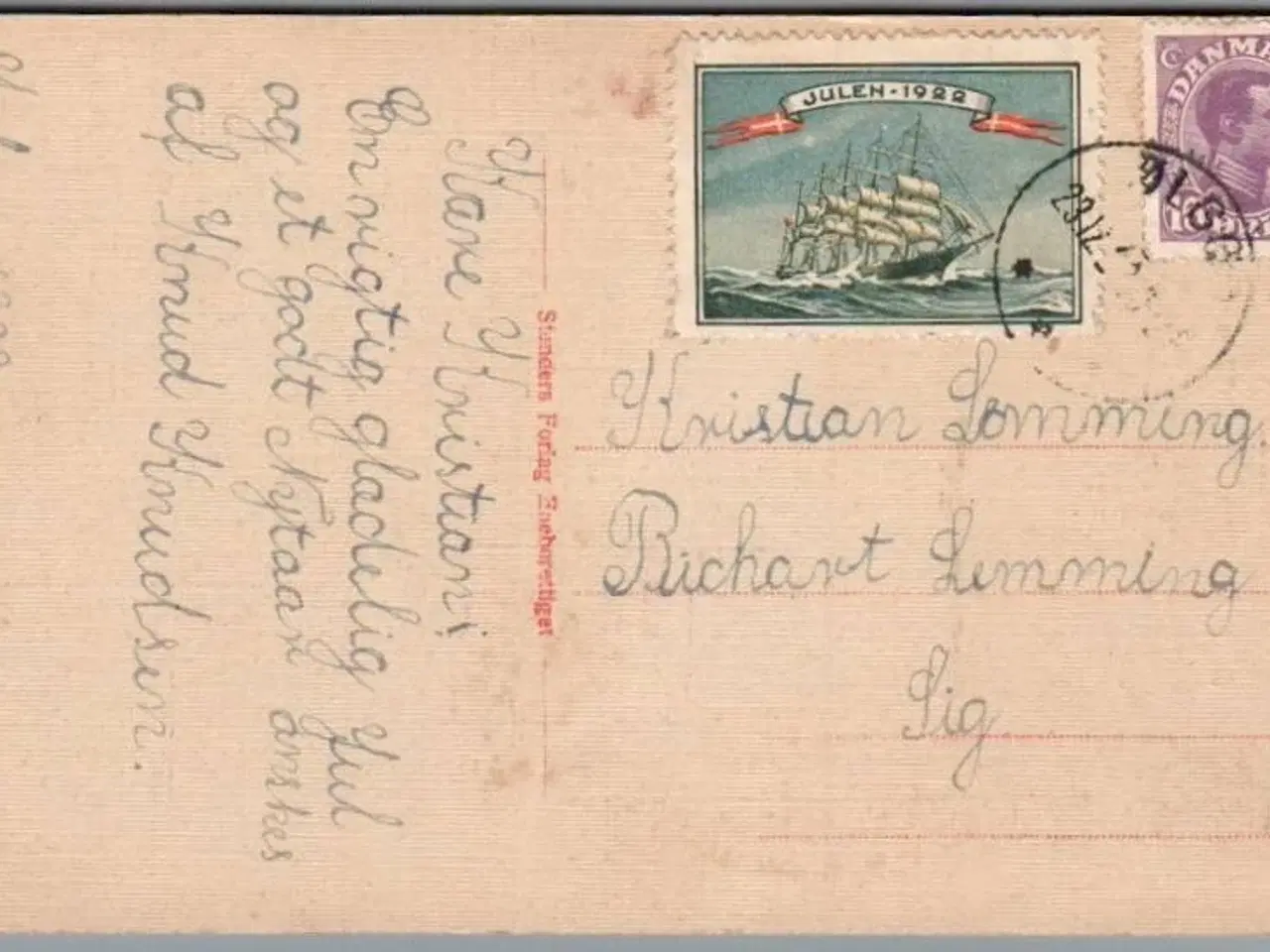 Billede 1 - Julemærke 1922 på Postkort